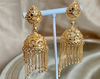Bright Gold Tassel Jhumka Earrings/ / Indian Style Earring