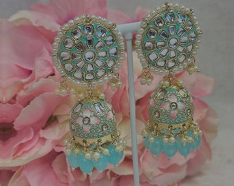 Faux Kundan Jhumka Earrings - Light Blue/ Indian Style Earring Sabyasachi Inspired