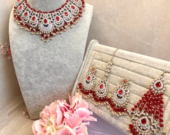 Red Bridal Necklace Set with Jhumar