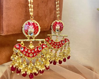 Red Meenakari/ Indian/ Pakistani Style/Golden Tassle Hand-Painted Earring Long lightweight Kashmiri style