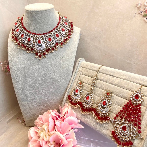 Red Bridal Necklace Set with Jhumar