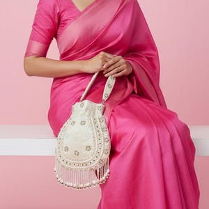 Cream Silk Bead Detail Potli Bag/ Evening Clutch Bags/Floral Sequin Clutch Bags/Purses/Mint Clutch Bags/Shoulder Bag/Statement Clutch Bags