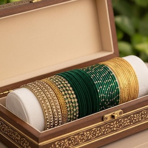 Conjunto de brazaletes: crea tu propio conjunto de brazaletes de terciopelo verde y dorado, indios, pakistaníes, joyas y pulseras de moda.