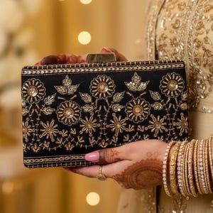 Black Antique Gold Embellished Handcrafted Clutch Bag – Embroidered Evening Purse, Elegant Black Handbag, Wedding & Party Gift for Her