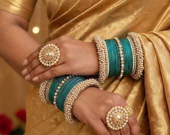 Small Luxury Teal Gold Pearly Bangle Set/ Teal Bangles Bangle Set Teal Bangles Pearly Bangles Indian Bangles Bridal Bangles