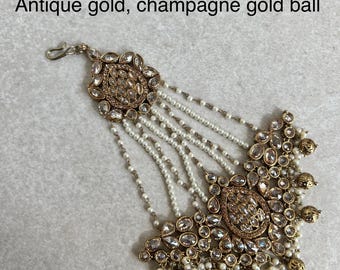Antique Gold Jhumka Head Ornament: Rhinestone Indian Bridal Hair Accessory