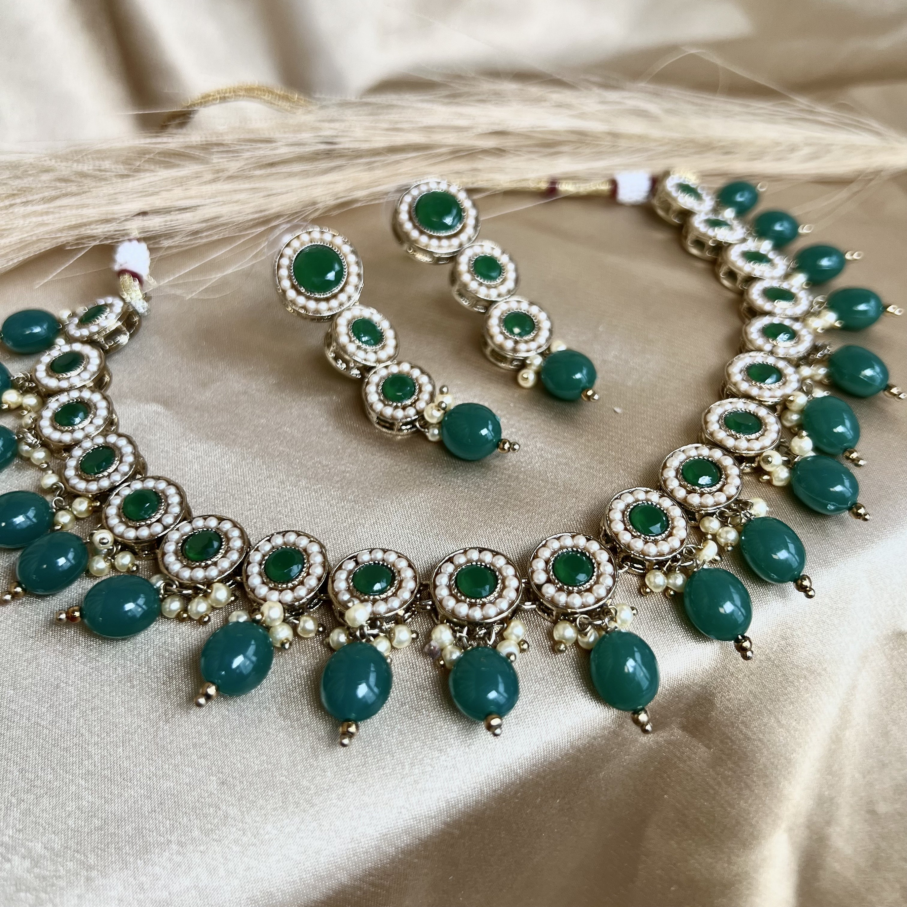 Green Pearl Indian Necklace Earring Set: Pakistani Fashion Jewelry