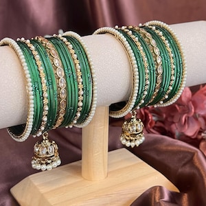 Small Jhumka Bangle Set Churi Indian Pakistani Desi Ethnic Tradtional Wedding Party Jewellery High Quality Gold Size Small 2.4 Green