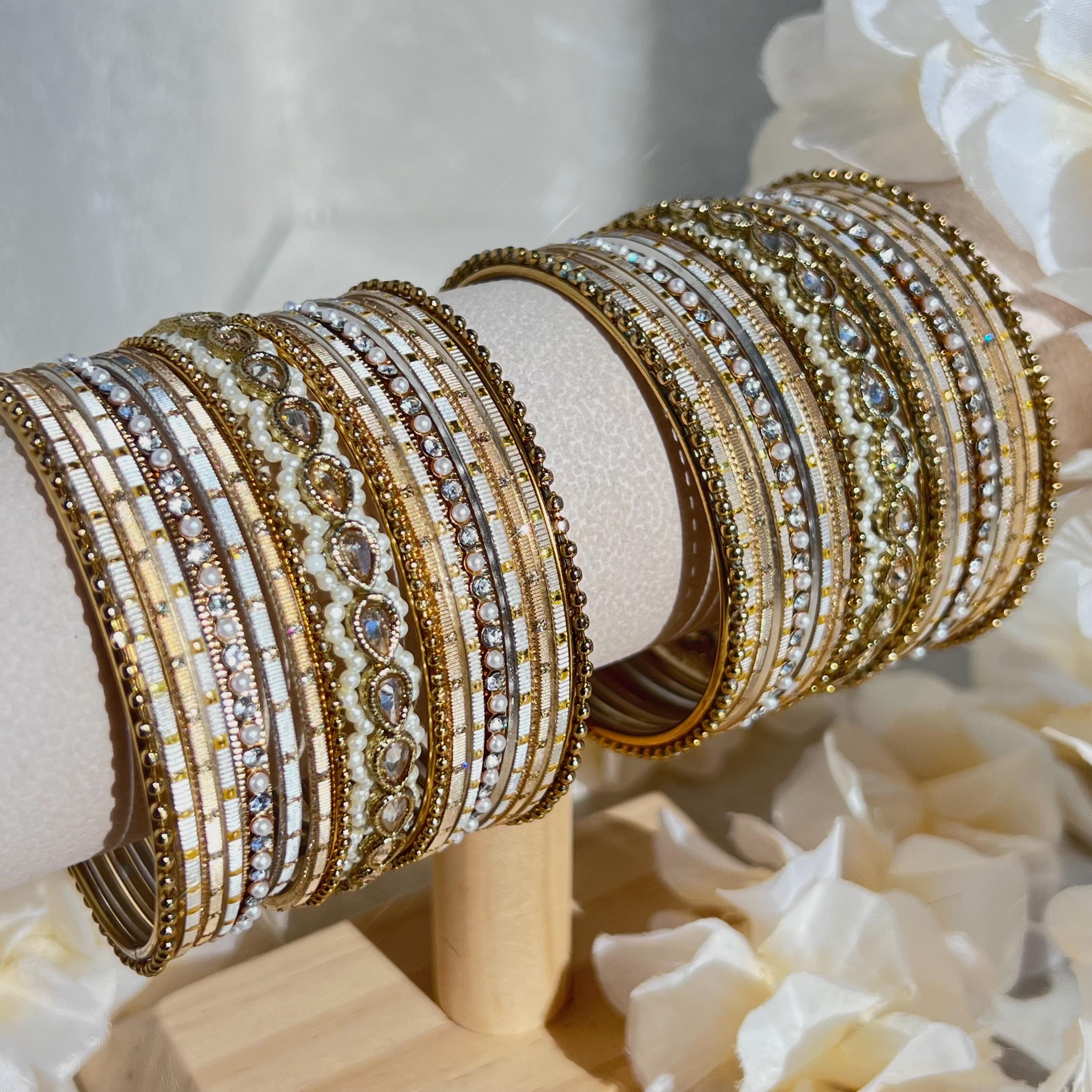 Small Clear Bangle Set With Pearl Champage Kada High Quality Gold