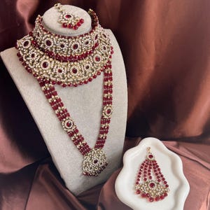 Braut Haar Kastanienbraun / Goldene Lange Halskette Set Ohrring / Einzigartige / Indisch / Pakistanisch / Modeschmuck / Geschenk für sie
