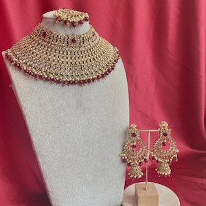 Maroon & Champagne  Bridal Choker Necklace set with Jhumka Earring and Tikka/ Indian/ Pakistani Style/ Wedding/ Antique Gold