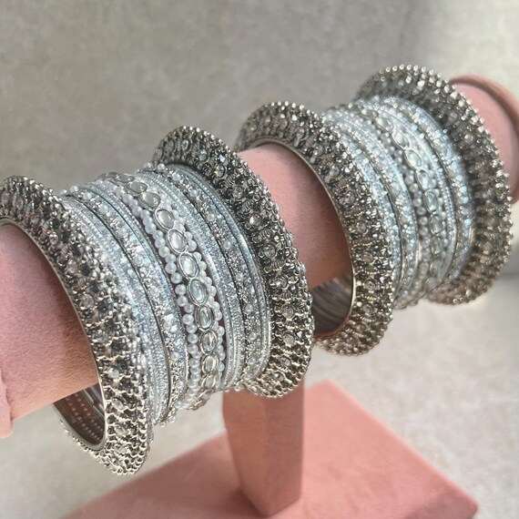 Silver Sparkly Chunky Ends Midi Bangle Set Both Arms Indian