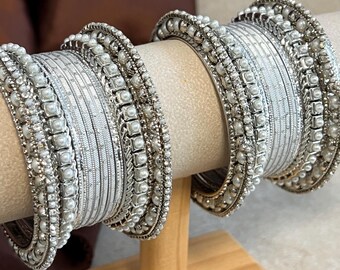 One Arm Simple Silver White Zircon Pearl Jhumka Bangles Indian