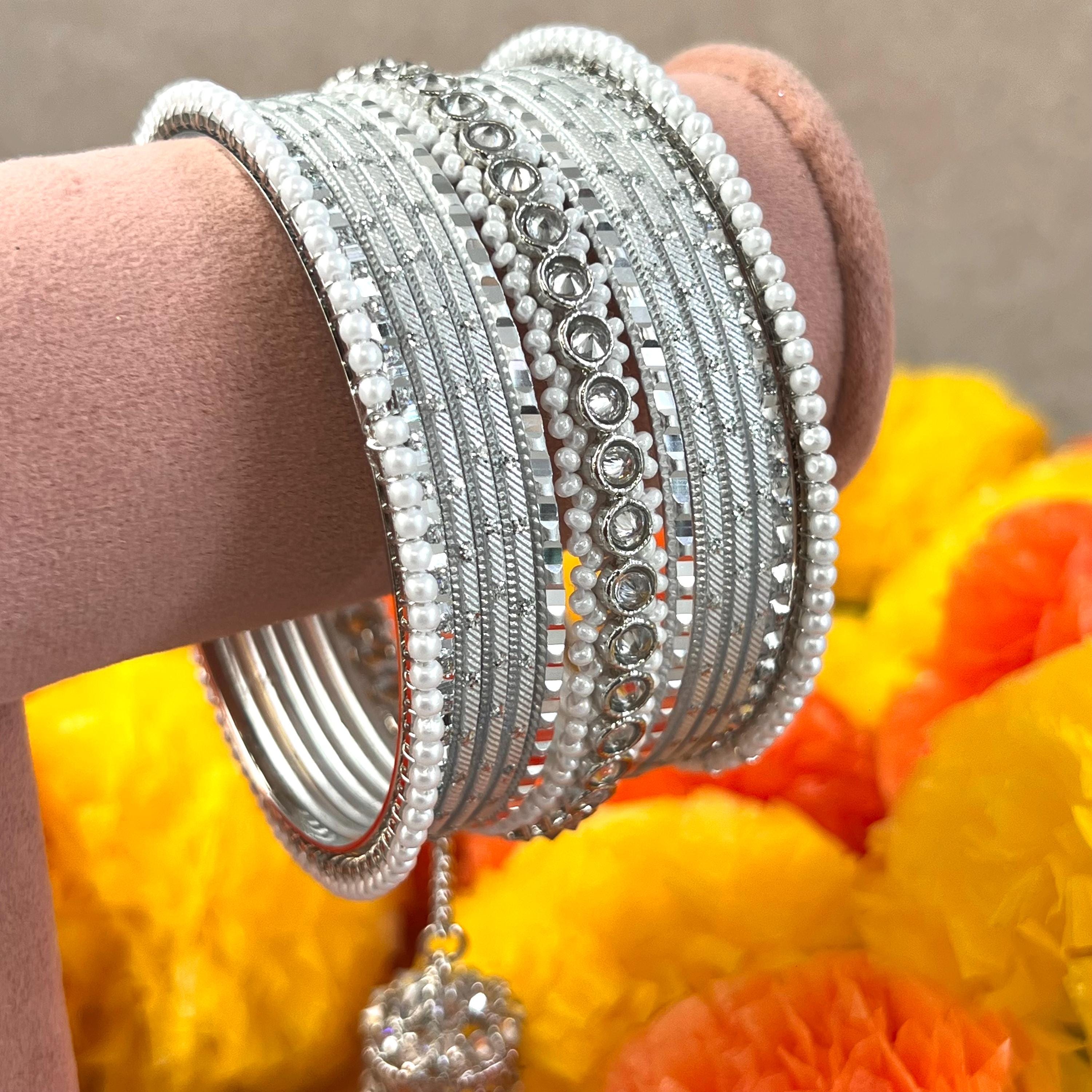 One Arm Simple Silver White Zircon Pearl Jhumka Bangles Indian