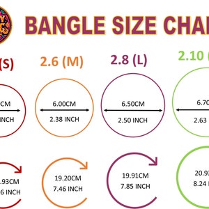 May include: Bangle size chart showing four different sizes: 2.4 inches (S), 2.6 inches (M), 2.8 inches (L), and 2.10 inches (XL). Each size is represented by a circle with the corresponding diameter and circumference measurements in both inches and centimetres.