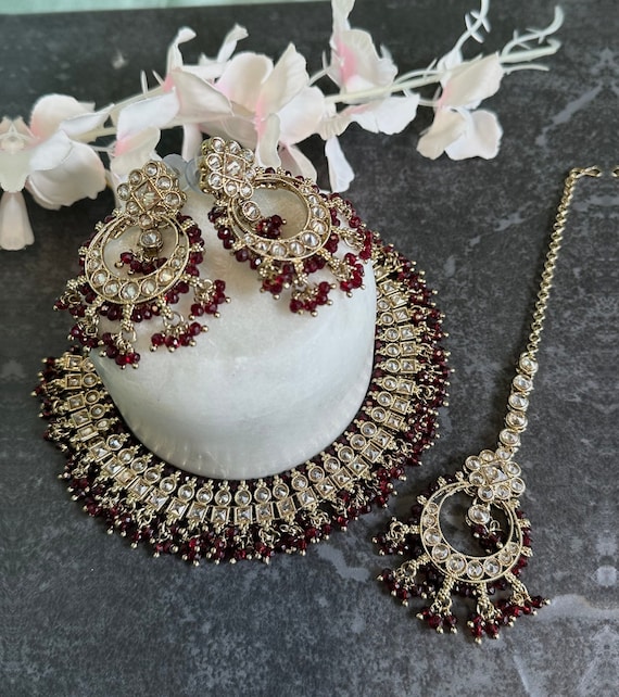 Maroon Crystal Choker Set Earring/ Tikka/ Tikli/ Indian  display picture 2