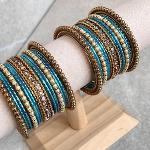 Small Bangle Set Churi Indian Pakistani Desi Ethnic Tradtional Weddign Party Jewellery High Quality Blue Gold 2.4