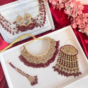Gold Plated Maroon Bridal Necklace Set Jhumka Earring Chain, Tikka, Jhumar Indian Pakistani Asian Fashion Style Luxury Wedding
