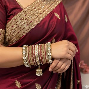 Brudpärla Guldrödröd Jhumka Armbandsset Indisk Pakistansk Punjabi Bröllop Chura Choora Smycken Brud Lyxiga Kristallarmband