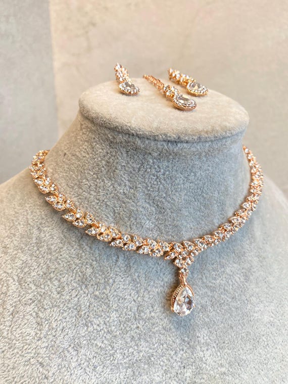 rose gold dress jewellery Amalia Rose Gold Cubic Zirconia and Pearl Bridal Jewelry Set