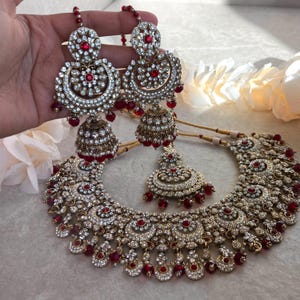 Maroon Red Gold Clear Rhinestone Crystal Necklace Set Necklace Set Indian Pakistani Large Jhumka Earring Tikka High Quality Party Ethnicwear