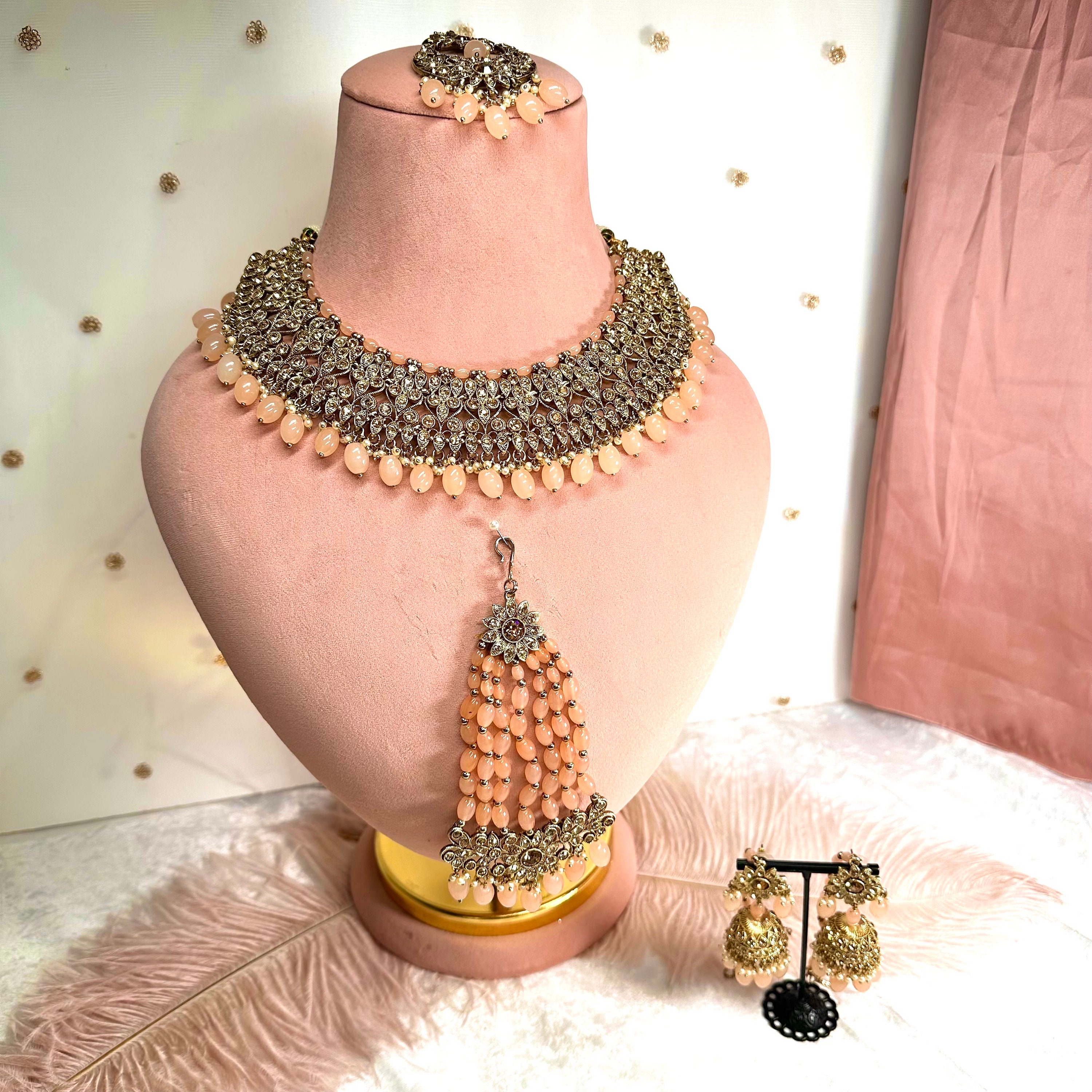Bridal Antique Gold and Peach Necklace Set Indian/ Pakistani Style