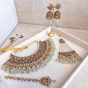 Gold Plated Jade Bridal Necklace Set Jhumka Earring Chain, Tikka, Jhumar Indian Pakistani Asian Fashion Style Luxury Wedding Champagne Regal
