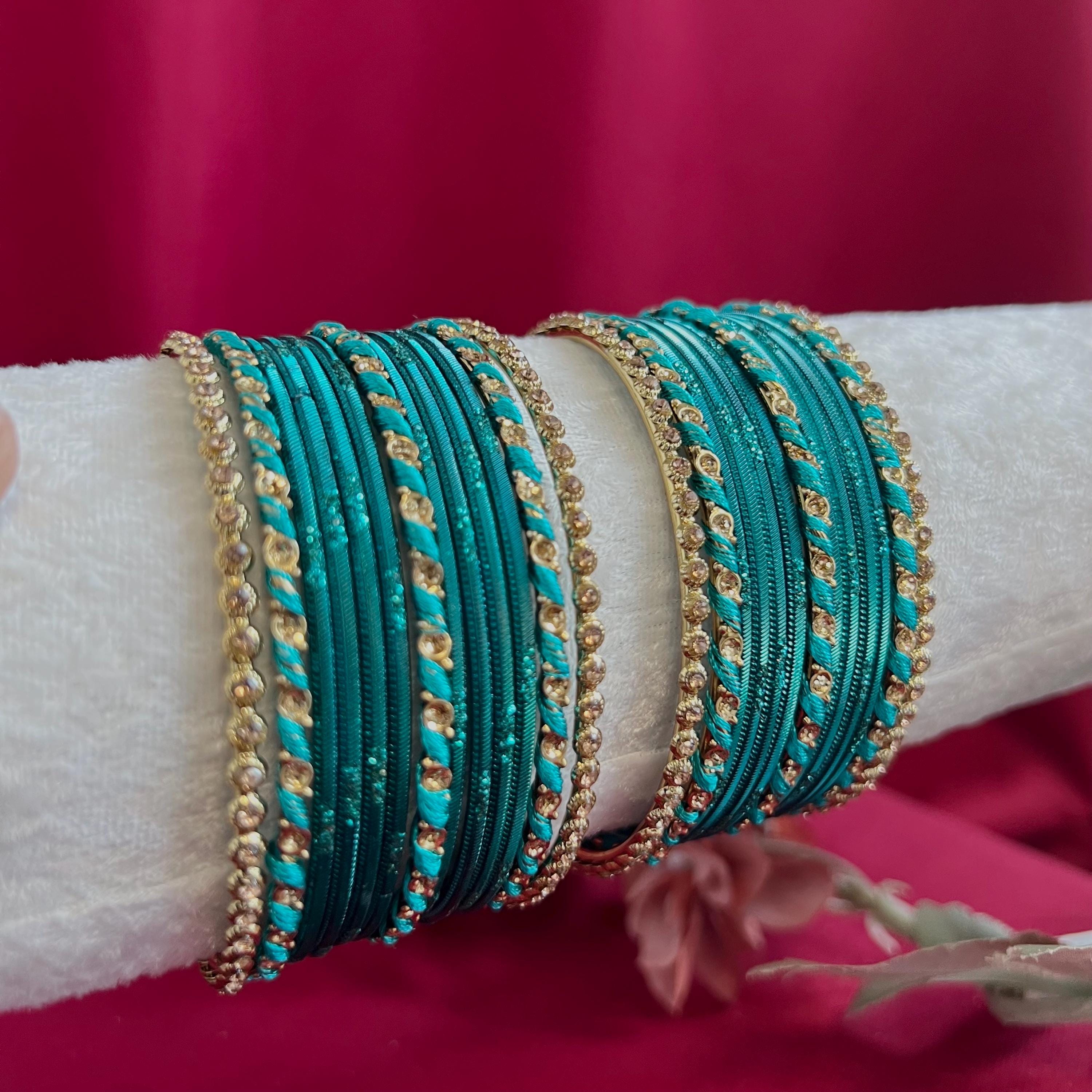 Teal & Gold Pearl Bangle Set: Indian Bridal Jewelry (size 2.10