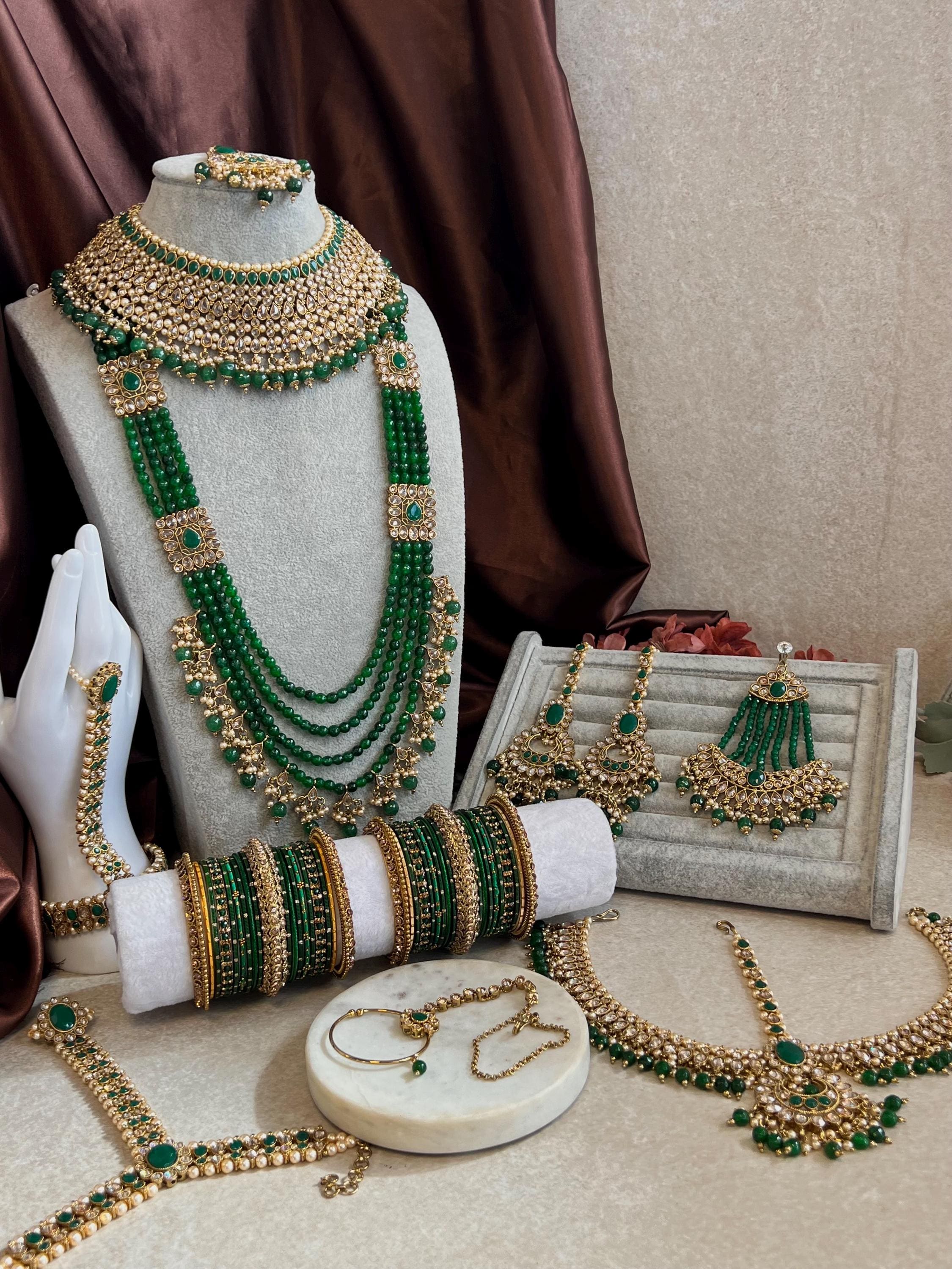 Mint Green & Gold Indian Bridal Jewelry Set: Necklace, Earrings
