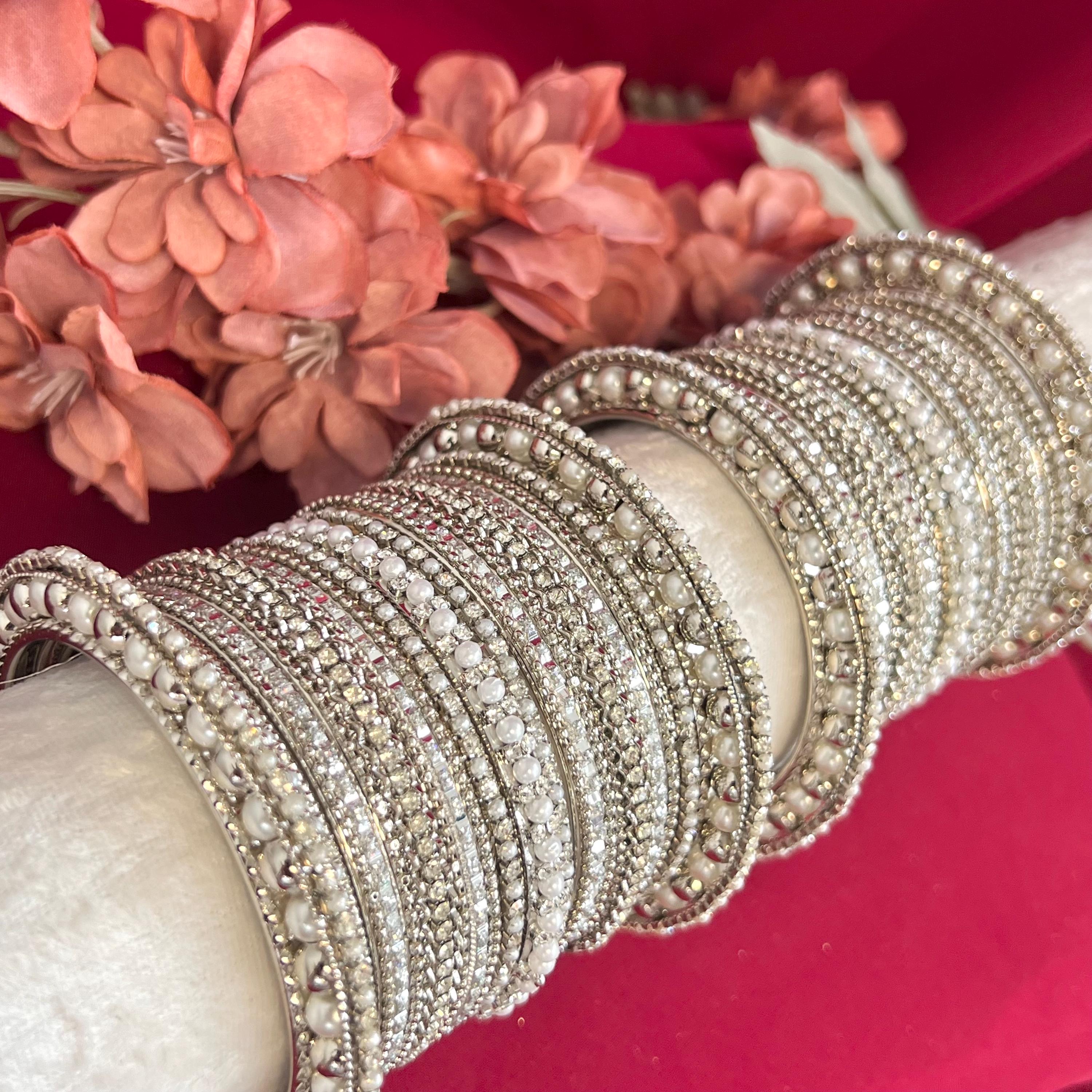Pearly Crystal Silver Bangle Set: Pakistani Bridal Jewelry (size