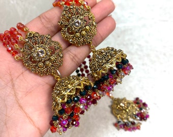Gold Mendhi Multicolour Earrings and Tikka/Indian Mehendi Night Earrings/Fashion Jewellery/ Gift for Women/Indian/Pakistani style
