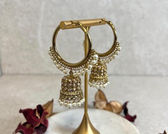 Antique Gold Pearl Jhumka Hoop Earrings Light Weight Indian Pakistani Party Jewellery