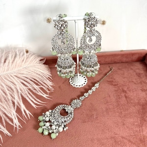 Silver Jhumka Earring and Tikka Set/ Jhumki Earring Indian/ Pakistani Style