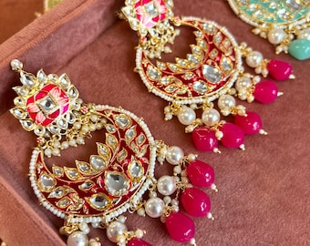 Meenakari/ Indian/ Pakistani Style/Hot Pink- Hand Painted Kundan Earring Large/ Fashion Jewellery/ Gift for Women