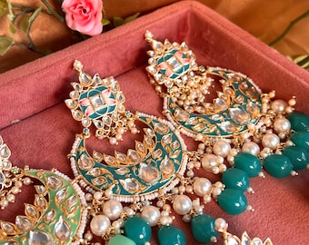 Meenakari Turquoise - Hand Painted Kundan Earring Large Indian Style Earring/ Pakistani Fashion/Party Earring. Gift for women