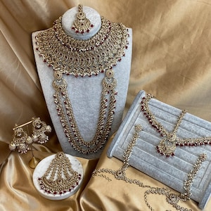 Maroon 9Piece Antique Gold Champagne Bridal Choker Necklace Mala Tikka Earring Mathapatti Jhumar Hand Harness Indian Pakistani Full Set SALE