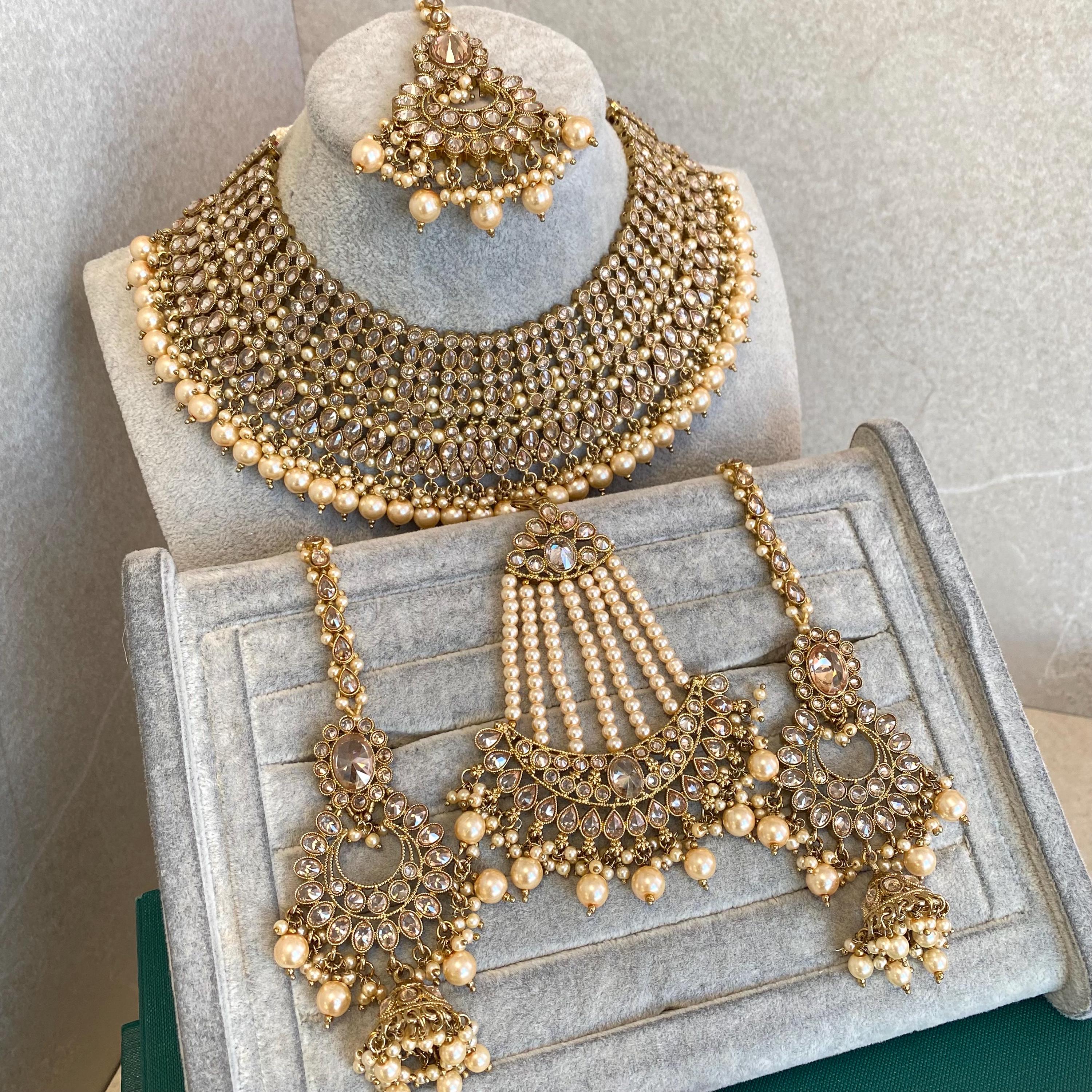 Pearl Gold Necklace Bridal Set Antique Gold Champagne Crystals