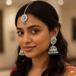 Small Silver Jhumka Earring Tikka 2 inch Zircon Crystal Indian Pakistani Bollywood Fashion Jewellery Gift High Quality Eid Wedding Party Set