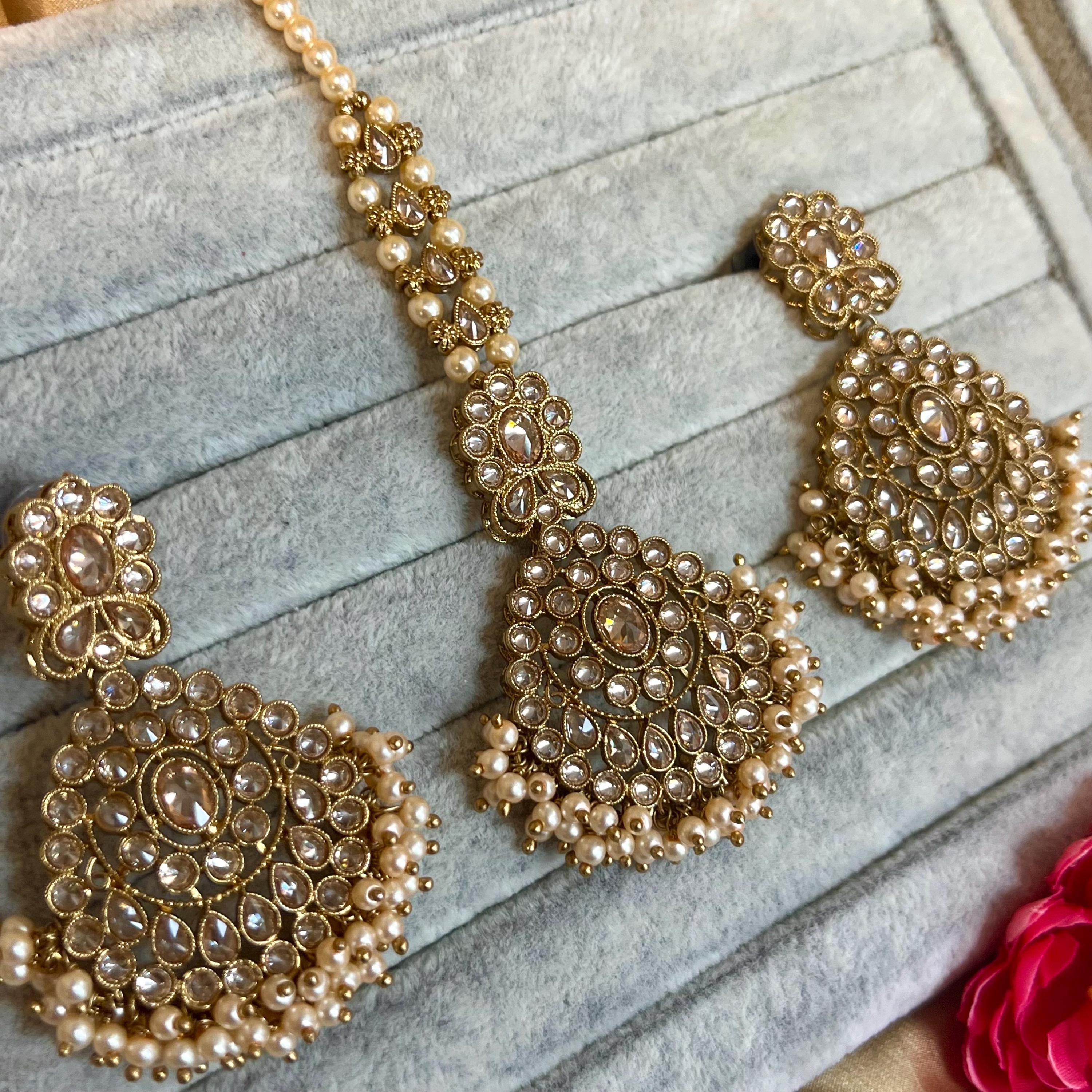 Earring Pearl Tikka Headpiece Pearl/champagne-gold Earrings And