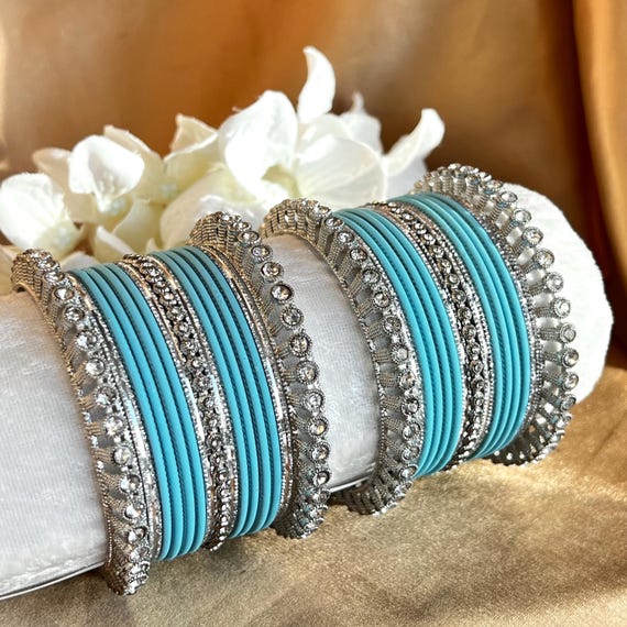 Blue Silver Small Bangle Set for Both Arms Traditional