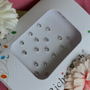 Op de afbeelding: Een witte plastic container met 15 heldere strass steentjes. De container heeft het woord "Rich" erop gedrukt.