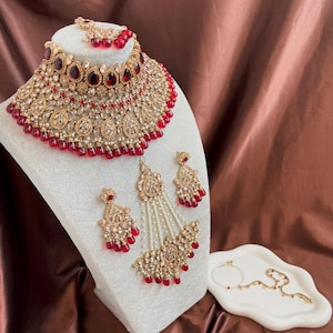 Maroon Bridal Choker Necklace set with Earring, Tikka and Jhumar Indian/ Pakistani Style/ Wedding/ Antique Gold/ Champagne Crystals