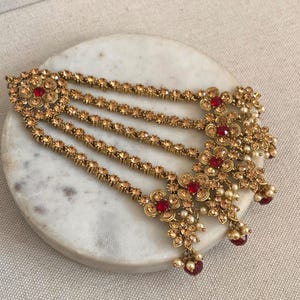 Antique Gold Jhumar Jhoomar- Golden Stones Passa Hair Accessory Pakistani Punjabi Bridal Fashion South Asian Traditional Jewellery Maroon