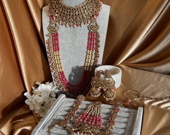 FLASH SALE Half Price Pink Coral Golden Full 8 Piece Bridal Necklace Set Traditional Indian Pakistani Style Wedding Jewellery Heavy Necklace