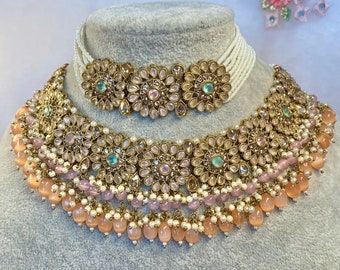 Conjunto de collar doble nupcial floral pastel (melocotón/rosa)