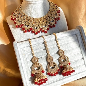 Maroon Antique Gold Rhinestone Bridal Necklace Set Jhumka Chain Earring Tikka Bollywood Indian Pakistani Fashion Jewellery High Quality SALE