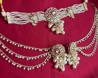Faux Kundan Clear Pearl Choker set Earring/ Tikka/ Tikli/ Indian/ Pakistani/Fashion Jewellery/ Gift for Women/