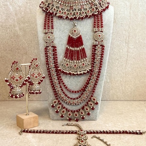 Bridal Red Wedding Jewelry Set large Necklace Long Mala Haar Jhumar Sheeshphool Headband Nath Jhumka Earring Indian Pakistani Traditiona
