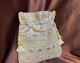 Etwas unvollkommen Licht Gold und Perlen & Pailletten Potli Bag verschönerte Beutel Brauthochzeitsgast-Partyabnutzungs-Zusatz- indische Pakistanische