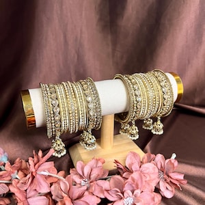 Luxury Golden Indian Bridal Bangle Set Both Arms Pearly Bangles Bride to be Indian Wedding Jhumka Bangles SIZE 2.8
